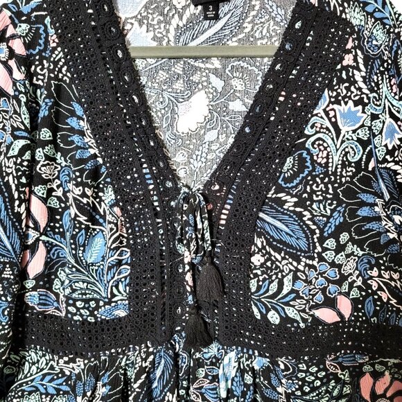 Torrid Babydoll Top Womens Plus Sz 3X Crochet Trim Lace-Up Black Floral Boho - Picture 4 of 14